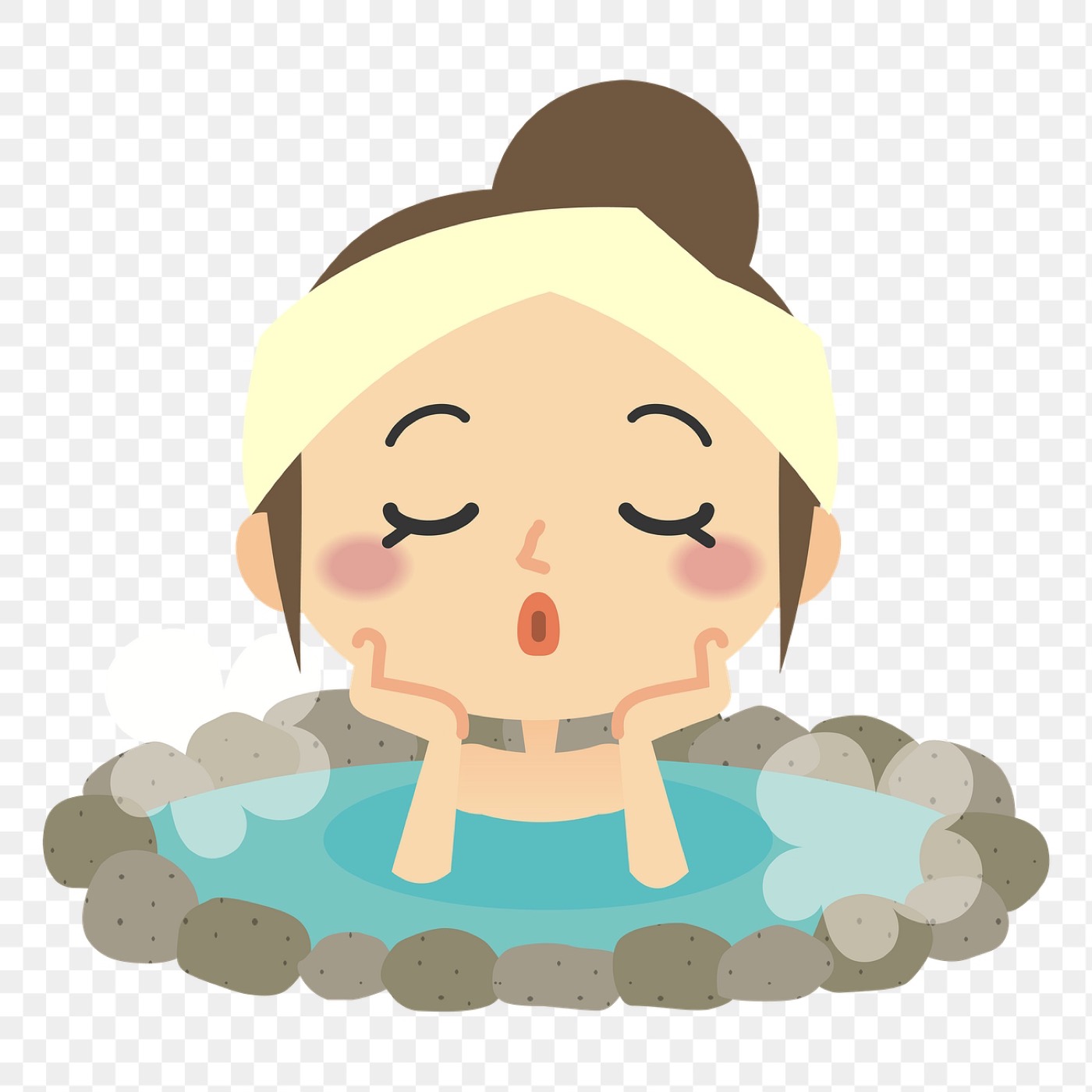 頭に手ぬぐいをのせ、岩で囲まれた湯船に肩まで浸かって目を閉じている入浴客